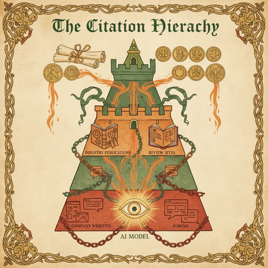 Medieval hierarchy pyramid showing source trust levels: academic and government sources at top in gold, industry publications and reviews in middle, company websites at bottom, with ember-colored citation flows connecting to central AI oracle