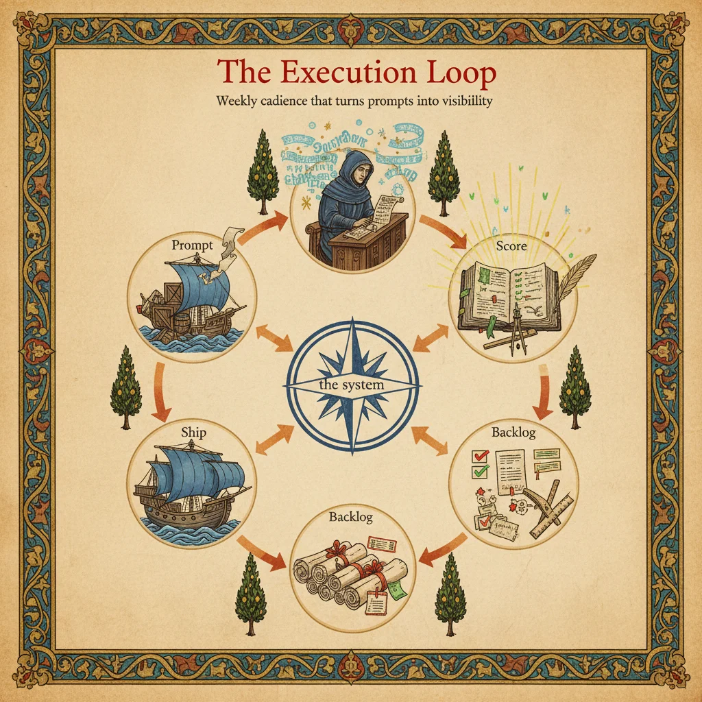Circular workflow diagram with four medieval stations: scribe with scroll (Prompt), ledger with check marks (Score), stack of task scrolls (Backlog), ship on parchment waves (Ship), connected by ember-colored arrows around central compass rose