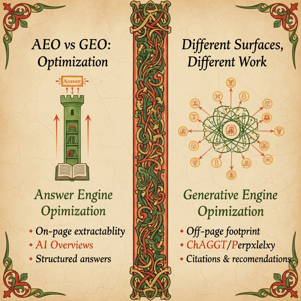 Medieval manuscript-style infographic comparing AEO (on-page extractability with organized tower) and GEO (off-page citation network with connected nodes)