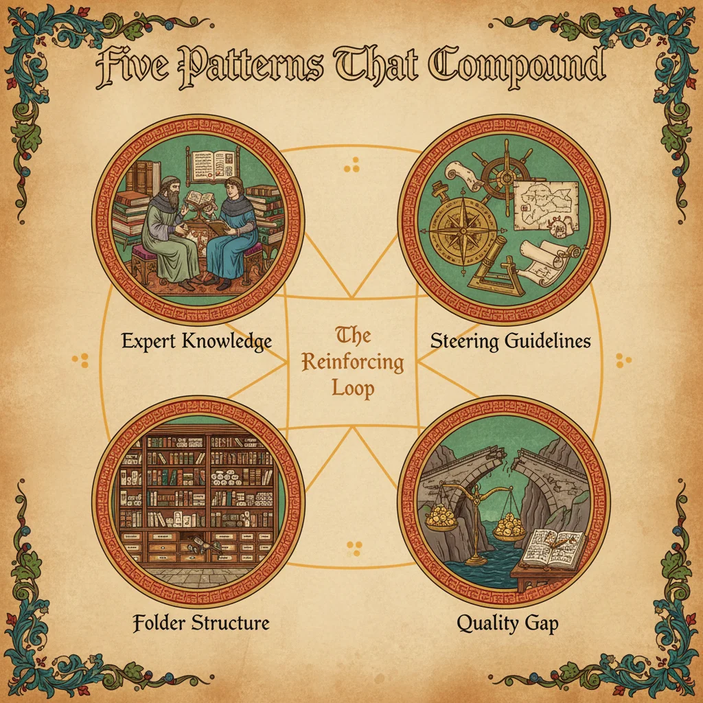 The Five Patterns that compound - interconnected medallions showing Expert Knowledge, Steering Guidelines, Quality Gap, Folder Structure, and Cost Tracking