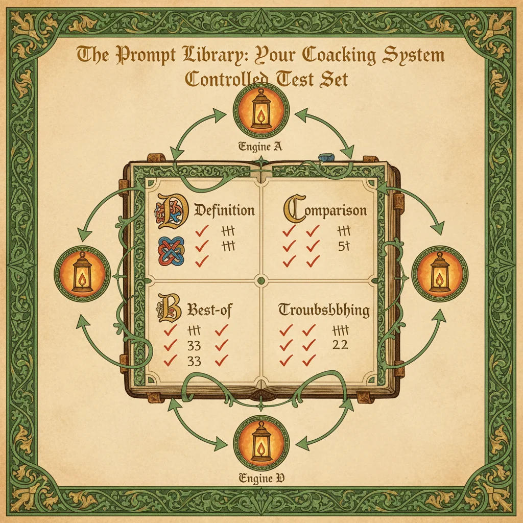 The Prompt Library tracking system diagram showing four prompt categories and AI engine tracking