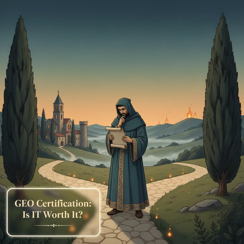 Medieval scholar at a crossroads examining certification scrolls under twilight sky, representing the decision between formal education and self-directed GEO learning