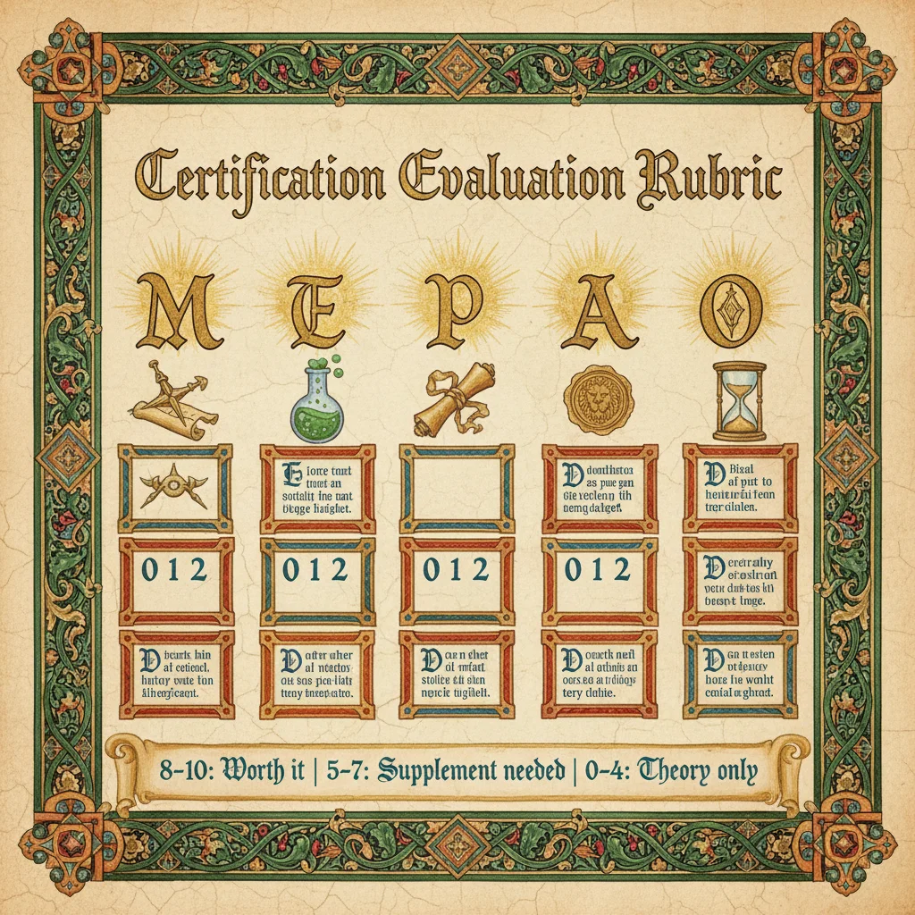 Medieval manuscript-style evaluation rubric showing five dimensions: Measurement, Experiment Design, Proof Assets, Authority Signals, and Operations with scoring guide