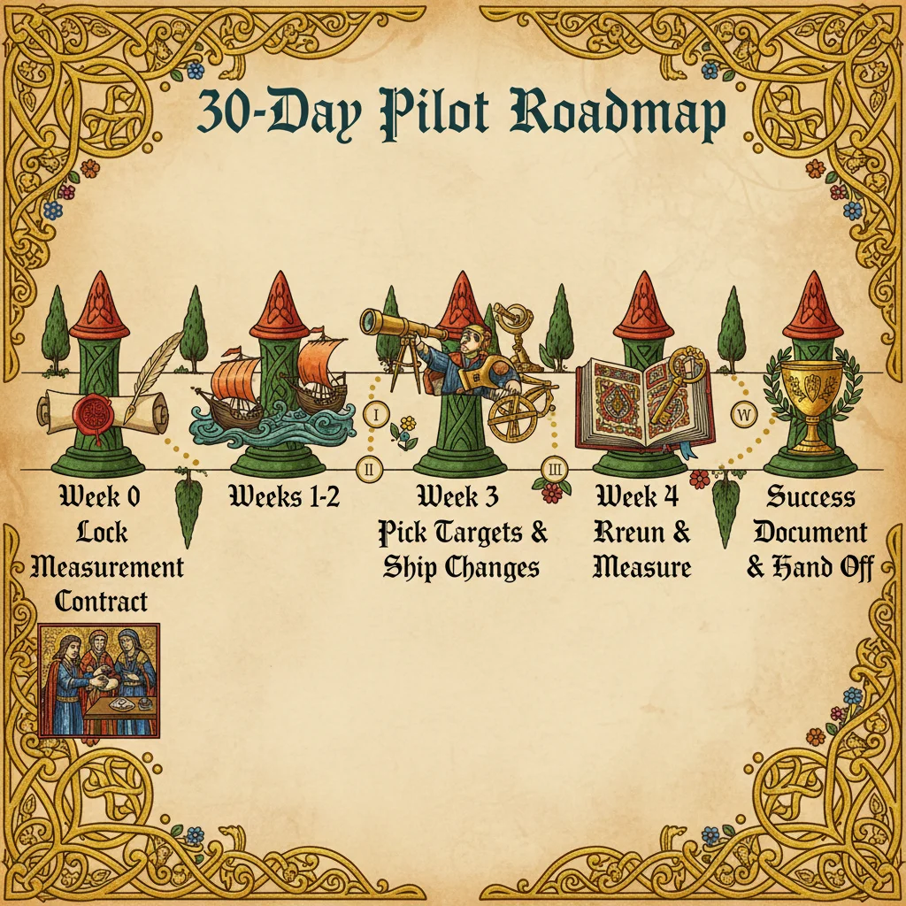30-day pilot roadmap showing horizontal timeline with milestone markers: Week 0 (Lock Measurement Contract), Weeks 1-2 (Pick Targets & Ship Changes), Week 3 (Rerun & Measure), Week 4 (Document & Hand Off)