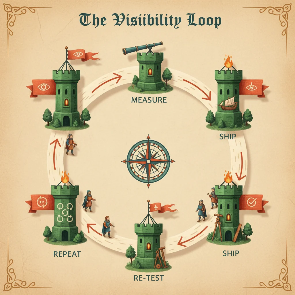 The visibility loop diagram showing a circular 4-step process: Measure → Ship → Re-test → Repeat, illustrated as a medieval road with watchtowers at each station