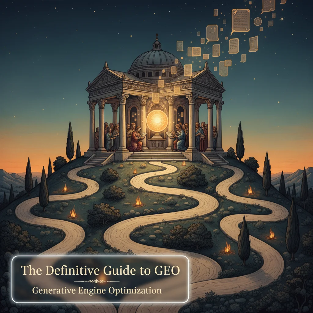 The Definitive Guide to GEO - Oracle temple in Scapeon world with pilgrims bringing scrolls to a glowing AI oracle