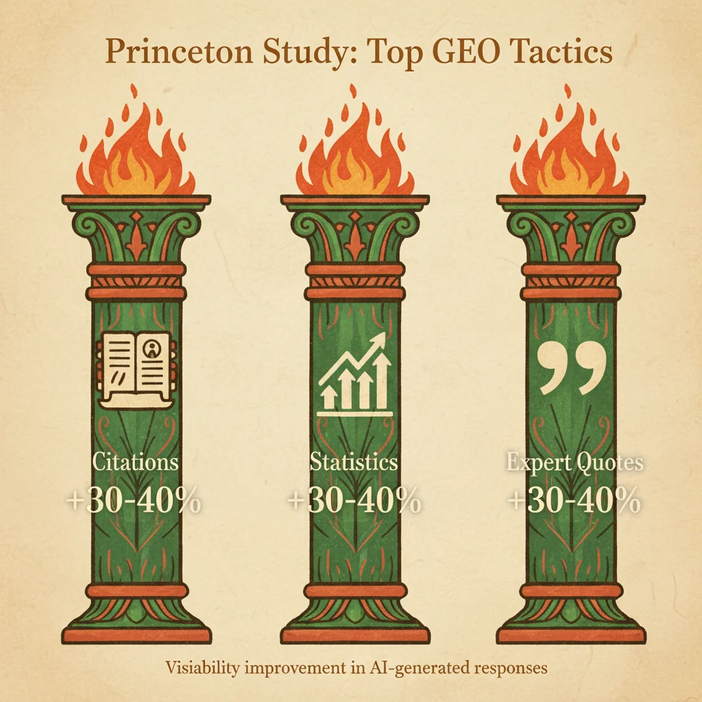Princeton Study: Top GEO Tactics - Three pillars showing Citations, Statistics, and Expert Quotes each with +30-40% improvement