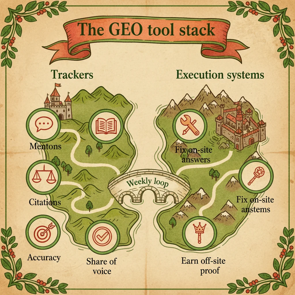 The GEO tool stack - Map showing trackers vs execution systems connected by a weekly loop