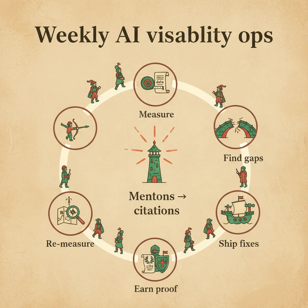 Weekly AI visibility ops cycle - measure, find gaps, ship fixes, earn proof, re-measure
