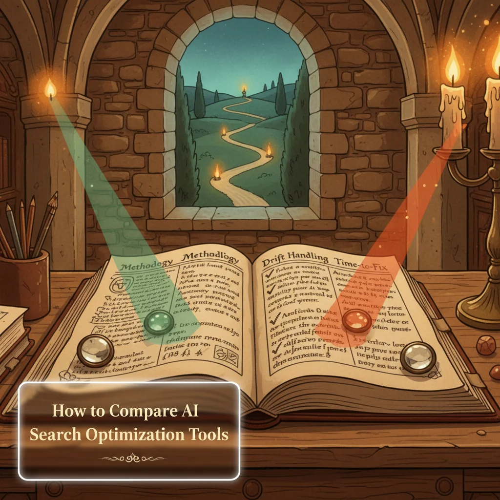 Medieval scholar's comparison table showing methodology-driven evaluation of AI search optimization tools in illuminated manuscript style