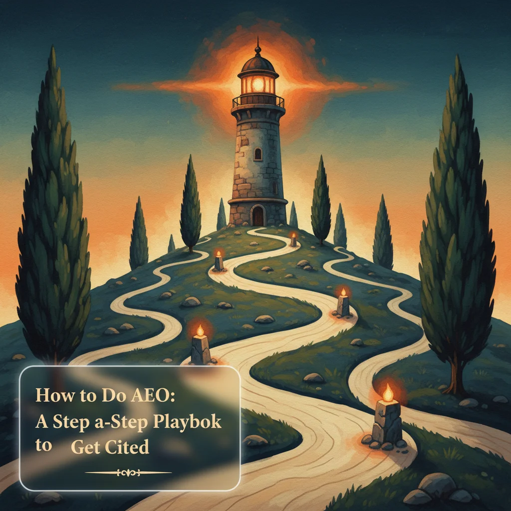 Medieval hillside with converging paths leading to a beacon tower, representing the journey to AI visibility through answer engine optimization