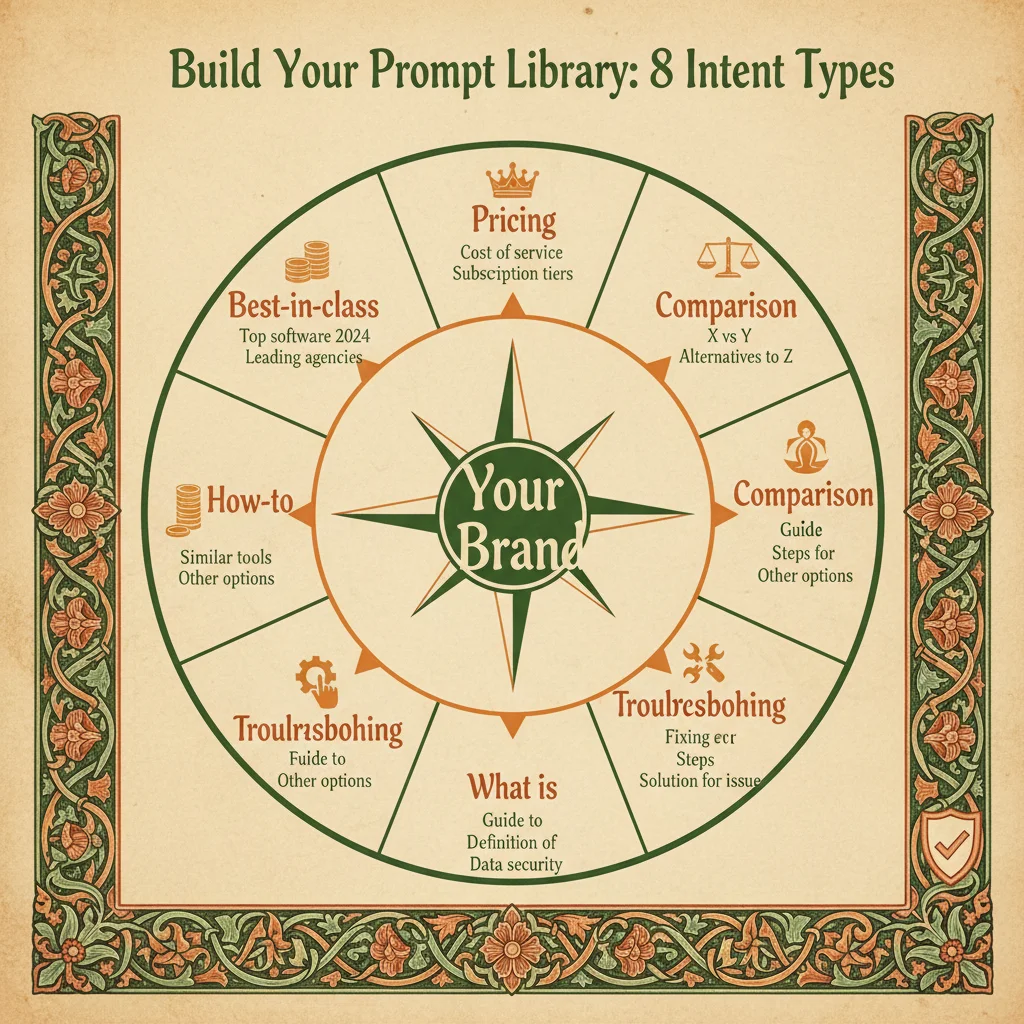 Radial diagram showing 8 prompt intent types arranged like a compass wheel around your brand