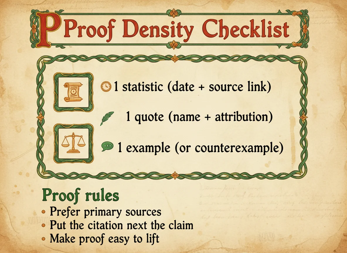 Proof density checklist - three-item manuscript checklist for stats, quotes, and examples