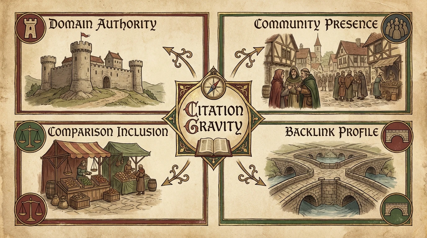 The Four Surfaces of the Omnipresence Framework - showing Domain, Community, Comparisons, and Backlinks as interconnected quadrants