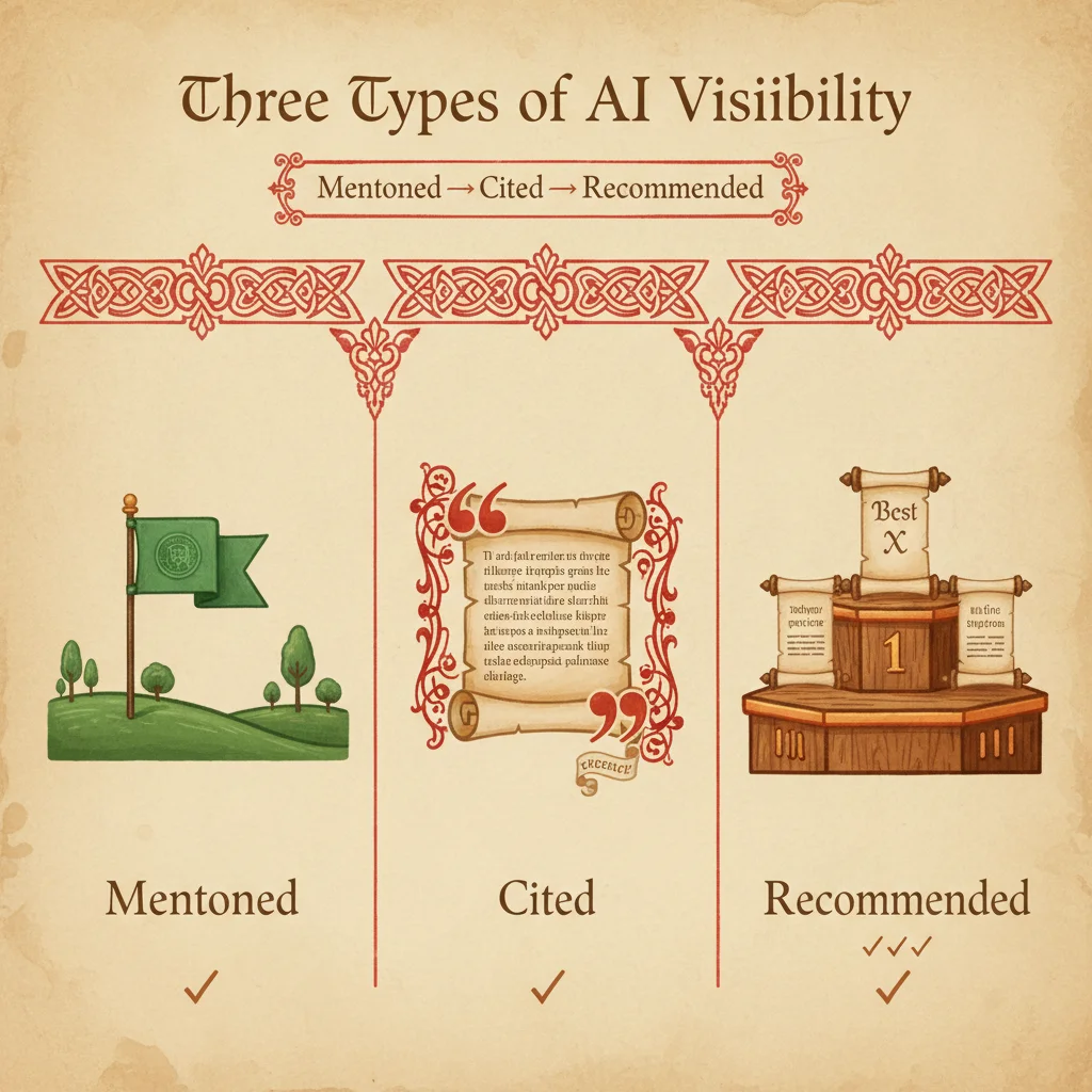 Three types of AI visibility: Mentioned, Cited, and Recommended - shown in medieval manuscript style with increasing value from left to right
