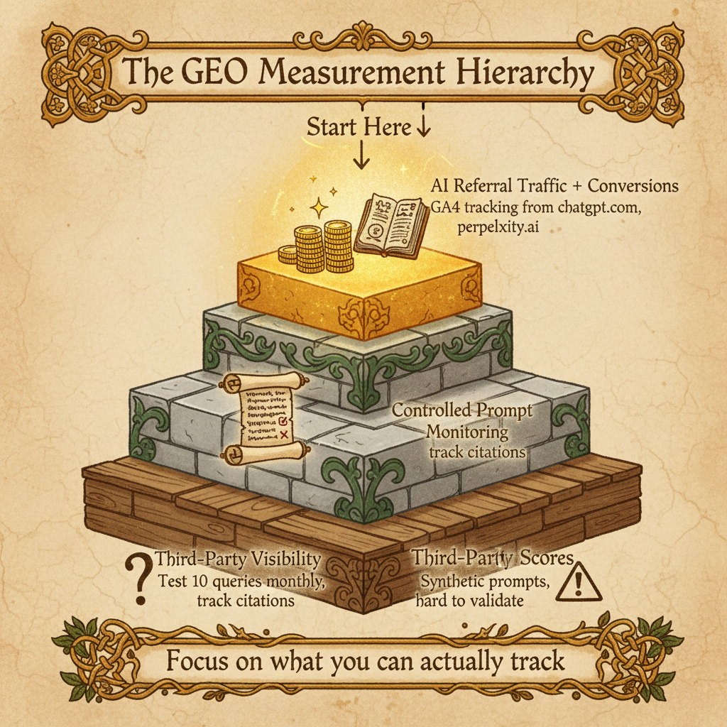 The GEO Measurement Hierarchy - Three-tier pyramid showing AI Referral Traffic at top, Controlled Monitoring in middle, Third-Party Scores at bottom
