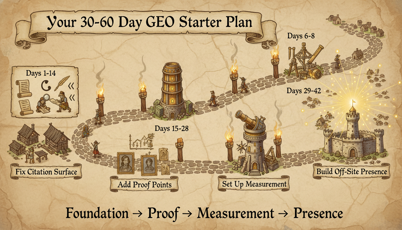 30-60 Day GEO Starter Plan - Medieval journey map showing four phases from Foundation to Presence