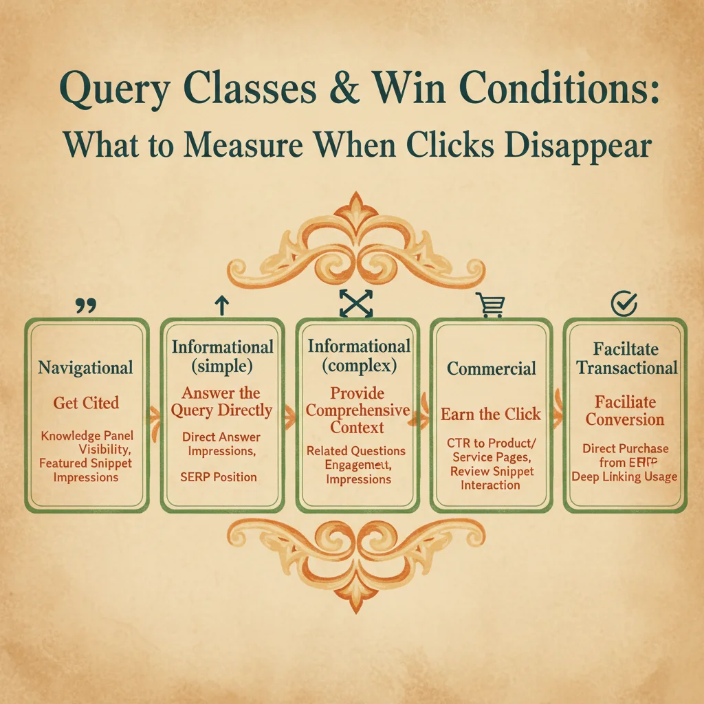 Measurement framework showing 5 query types with different win conditions: from navigational queries where users need to reach your site, to transactional queries where conversion is the goal
