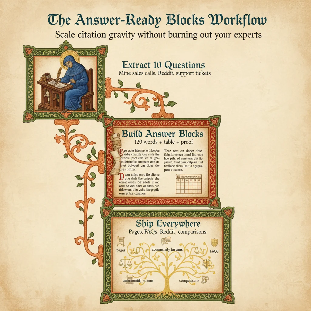 Workflow diagram showing three stages: Extract 10 Questions, Build Answer Blocks, and Ship Everywhere across multiple channels