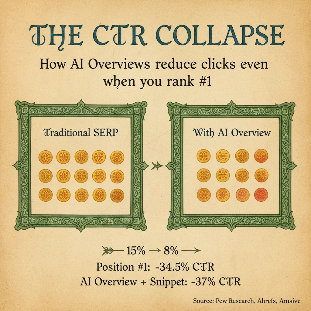 Data visualization showing CTR decline from 15% to 8% when AI Overviews appear, with additional statistics on position #1 impact