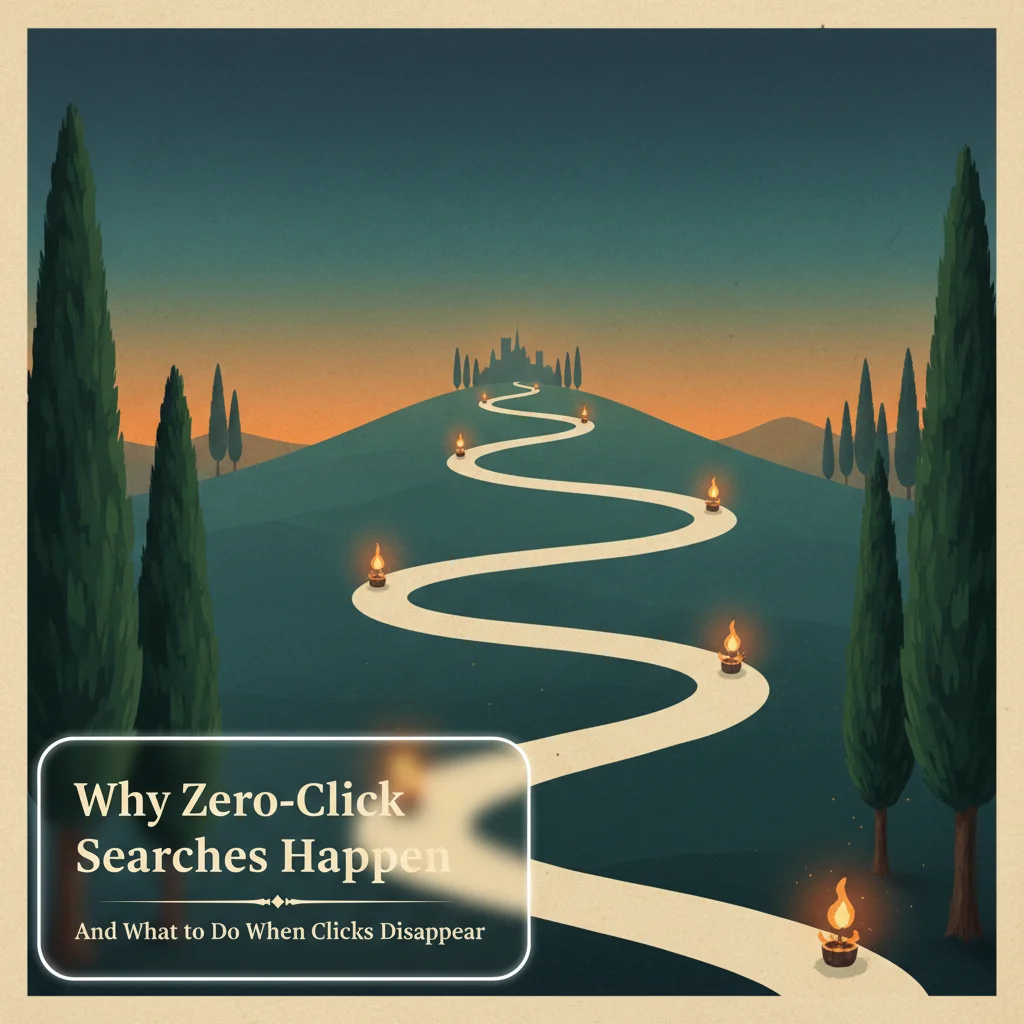 Medieval landscape showing converging paths that mysteriously end before reaching their destination, with floating ember lights symbolizing zero-click searches